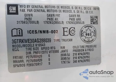 2010 GMC Sierra 1500 Slt из США, поврежденный, VIN 3GTRKWE30AG288039